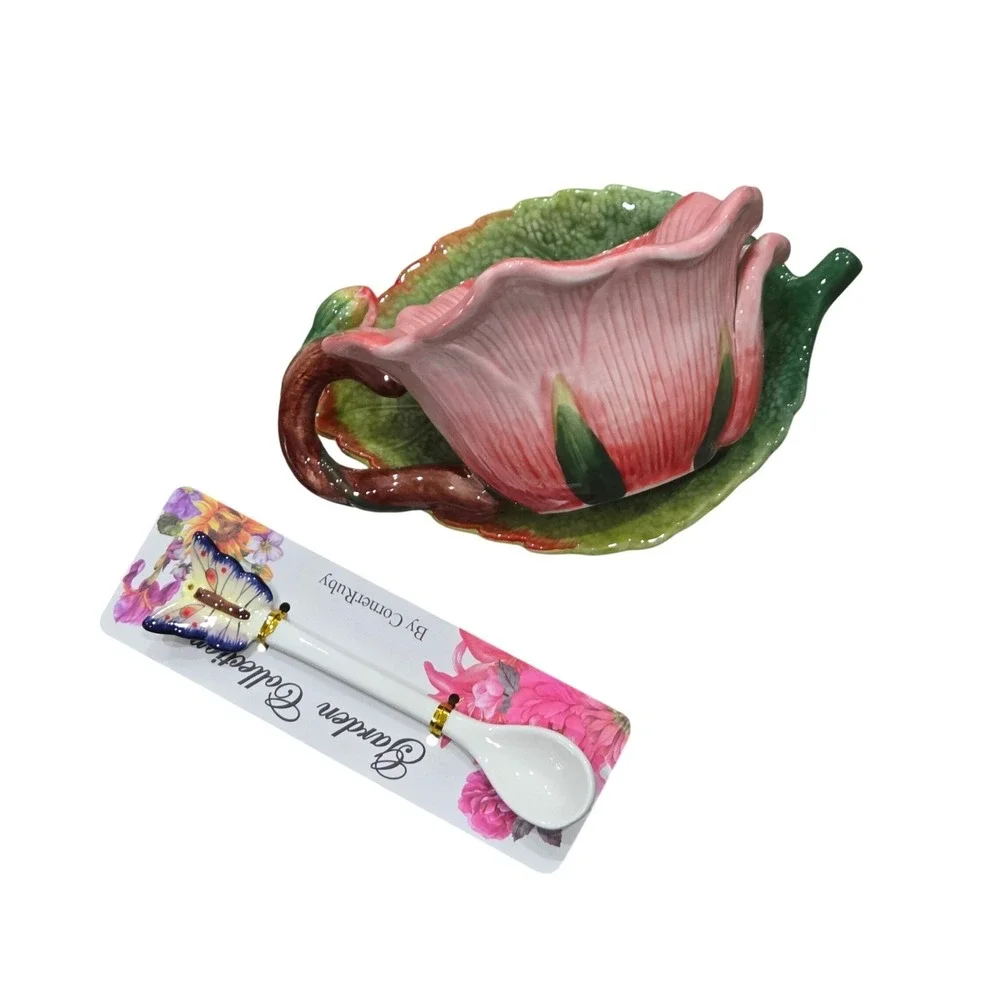 CornerRuby Garden Collection Pink Rose Tea‎ Cup Leaf Saucer Butterfly Spoon Set